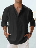 Vintage Casual Basic Cotton Linen Long Sleeve Stand Collar Shirts Breathable Comfortable Camp Shirts