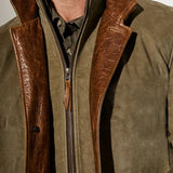 Men Vintage Suede Blazer Jackets Double Layer Lapel Fur Leather Collar Medium Length Coats