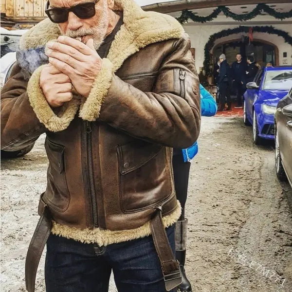 Men Vintage Distressed Real Fur RAF B3 Bomber Genuine Sheepskin Leather Jacket