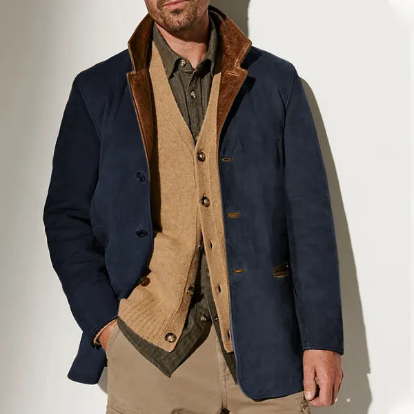 Men Vintage Suede Blazer Jackets Double Layer Lapel Fur Leather Collar Medium Length Coats