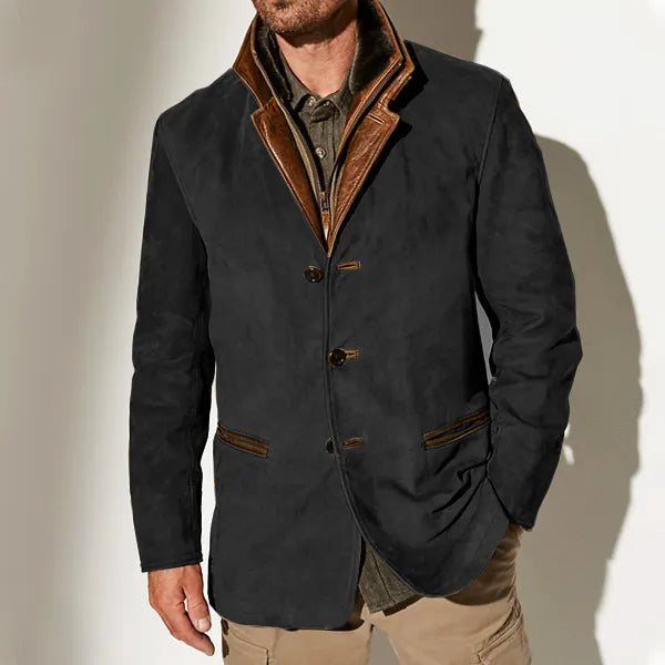 Men Vintage Suede Blazer Jackets Double Layer Lapel Fur Leather Collar Medium Length Coats
