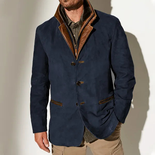 Men Vintage Suede Blazer Jackets Double Layer Lapel Fur Leather Collar Medium Length Coats