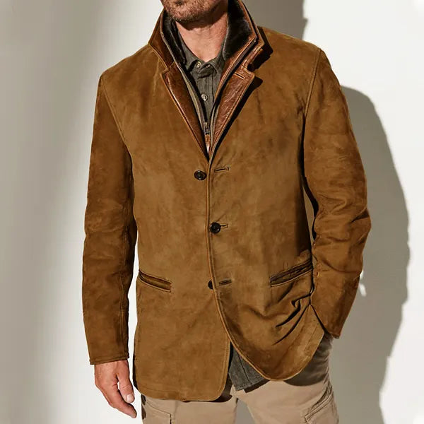 Men Vintage Suede Blazer Jackets Double Layer Lapel Fur Leather Collar Medium Length Coats