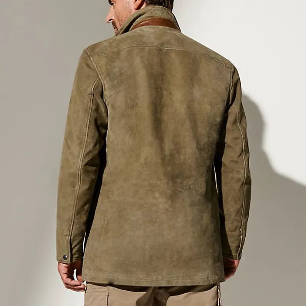 Men Vintage Suede Blazer Jackets Double Layer Lapel Fur Leather Collar Medium Length Coats