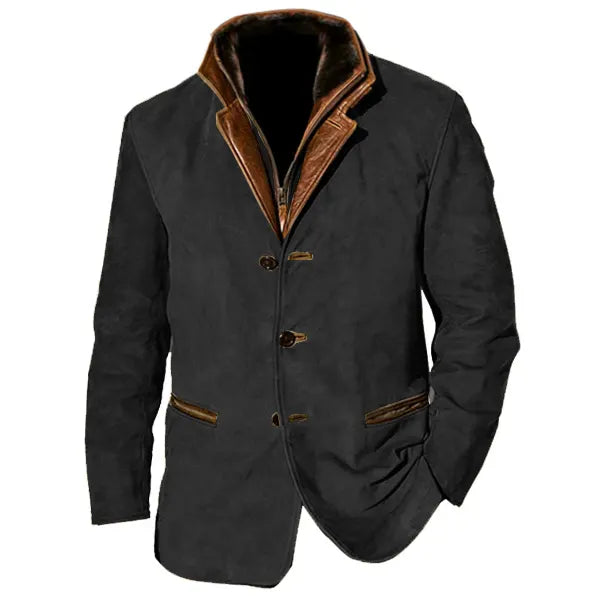 Men Vintage Suede Blazer Jackets Double Layer Lapel Fur Leather Collar Medium Length Coats