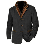 Men Vintage Suede Blazer Jackets Double Layer Lapel Fur Leather Collar Medium Length Coats