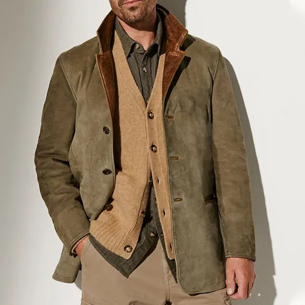 Men Vintage Suede Blazer Jackets Double Layer Lapel Fur Leather Collar Medium Length Coats