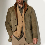 Men Vintage Suede Blazer Jackets Double Layer Lapel Fur Leather Collar Medium Length Coats