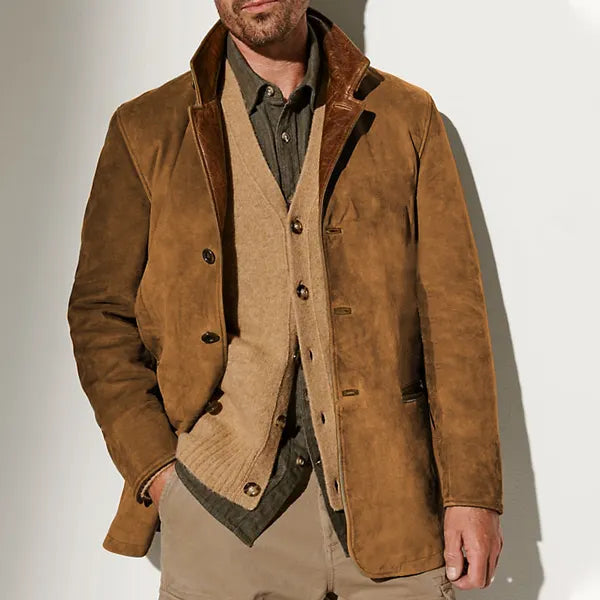 Men Vintage Suede Blazer Jackets Double Layer Lapel Fur Leather Collar Medium Length Coats