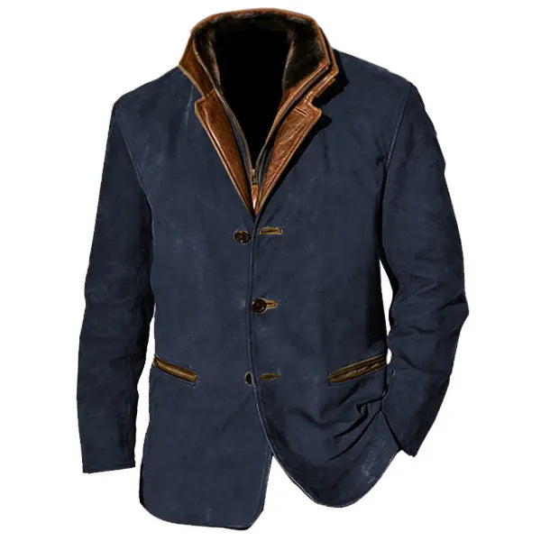Men Vintage Suede Blazer Jackets Double Layer Lapel Fur Leather Collar Medium Length Coats