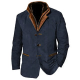Men Vintage Suede Blazer Jackets Double Layer Lapel Fur Leather Collar Medium Length Coats