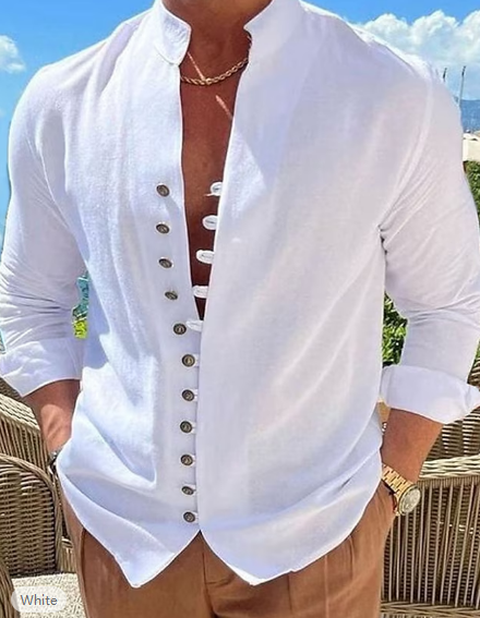 Men's Shirt Linen Shirt Button Up Shirt Casual Shirt Summer Shirt Black White Pink Long Sleeve Plain Band Collar Summer Spring & Fall Daily Vacation Clothing Apparel