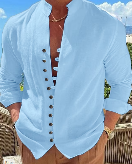 Men's Shirt Linen Shirt Button Up Shirt Casual Shirt Summer Shirt Black White Pink Long Sleeve Plain Band Collar Summer Spring & Fall Daily Vacation Clothing Apparel
