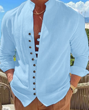 Men's Shirt Linen Shirt Button Up Shirt Casual Shirt Summer Shirt Black White Pink Long Sleeve Plain Band Collar Summer Spring & Fall Daily Vacation Clothing Apparel