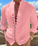 Men's Shirt Linen Shirt Button Up Shirt Casual Shirt Summer Shirt Black White Pink Long Sleeve Plain Band Collar Summer Spring & Fall Daily Vacation Clothing Apparel