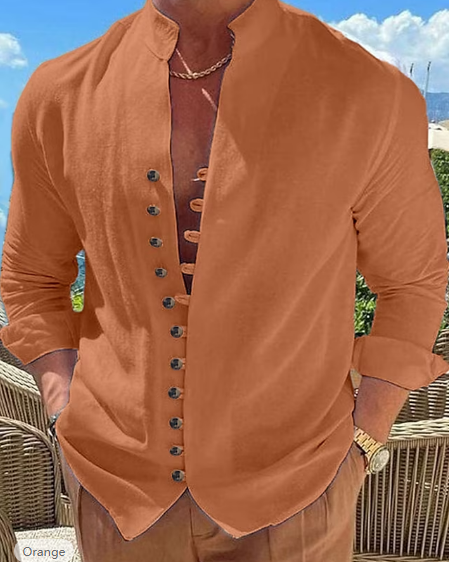 Men's Shirt Linen Shirt Button Up Shirt Casual Shirt Summer Shirt Black White Pink Long Sleeve Plain Band Collar Summer Spring & Fall Daily Vacation Clothing Apparel