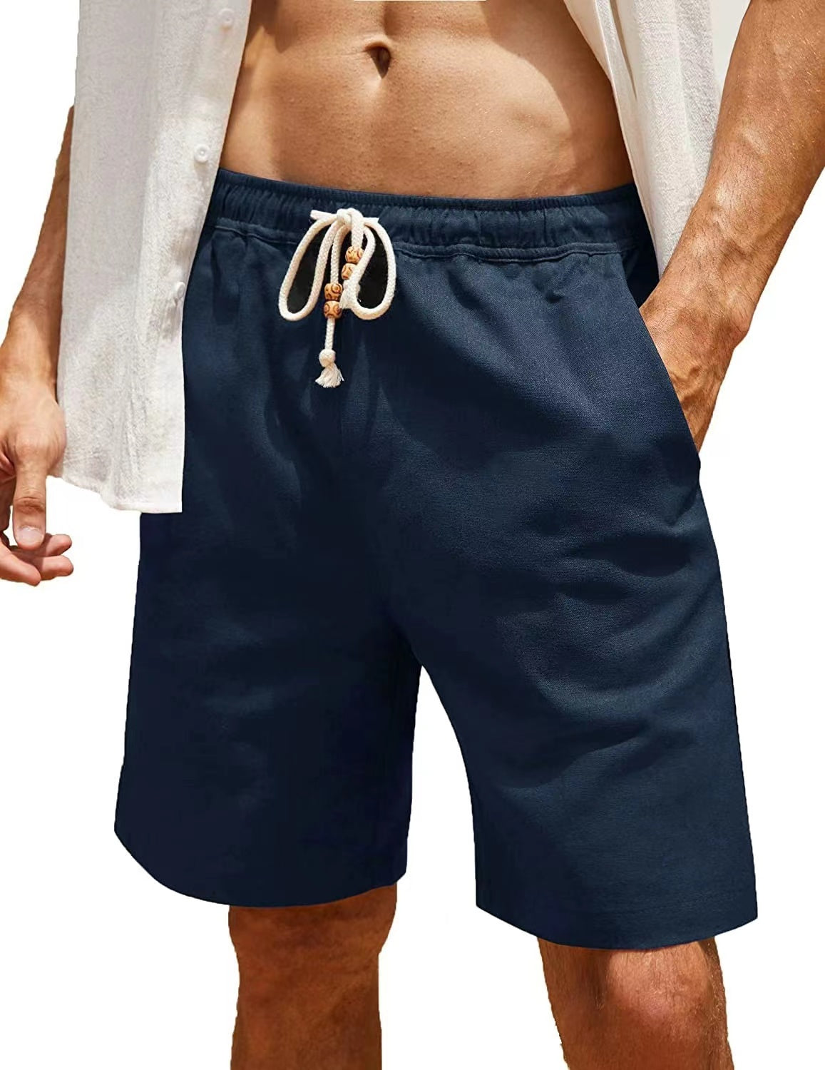 Men's Linen Shorts Casual Elastic Waist Drawstring Summer Beach Shorts