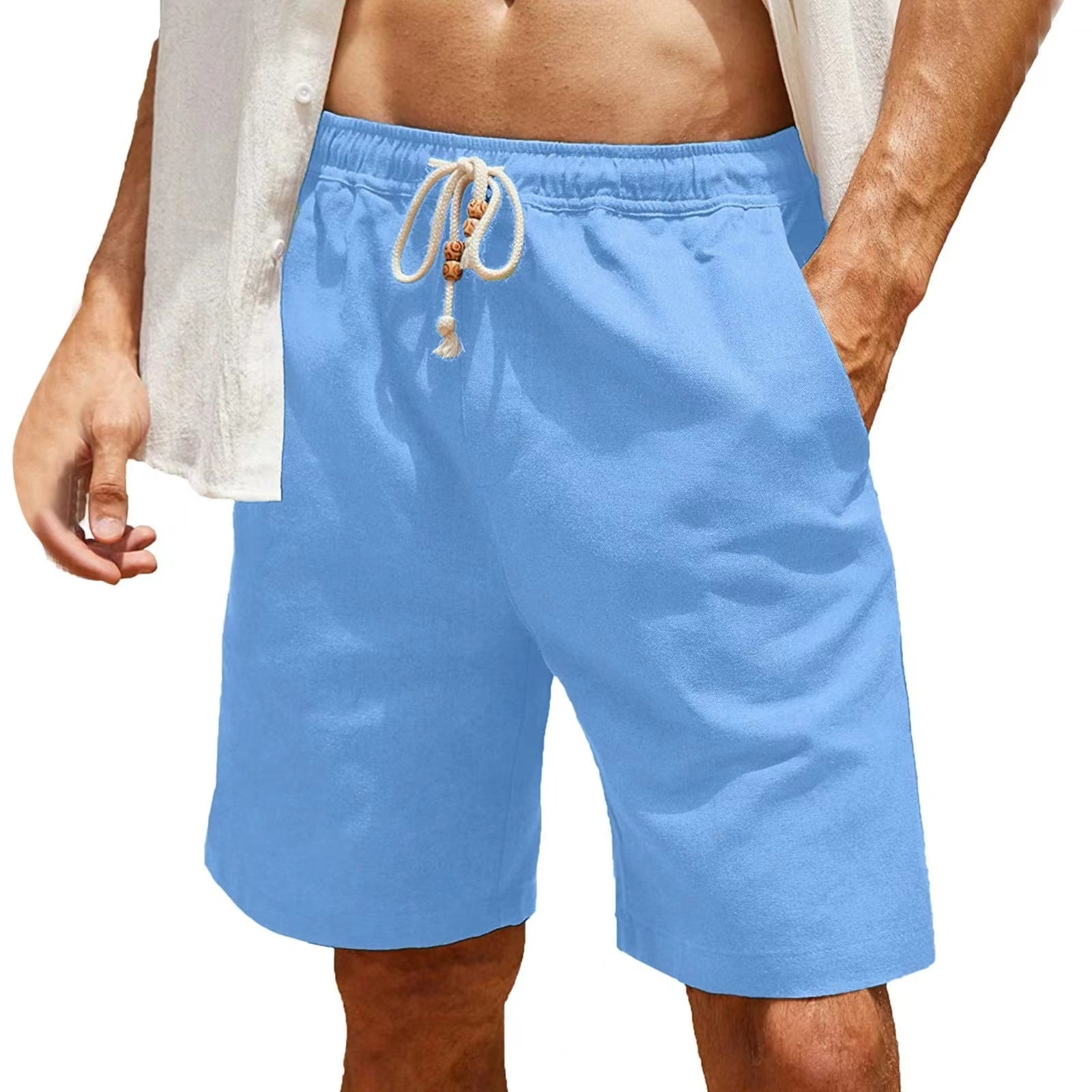 Men's Linen Shorts Casual Elastic Waist Drawstring Summer Beach Shorts