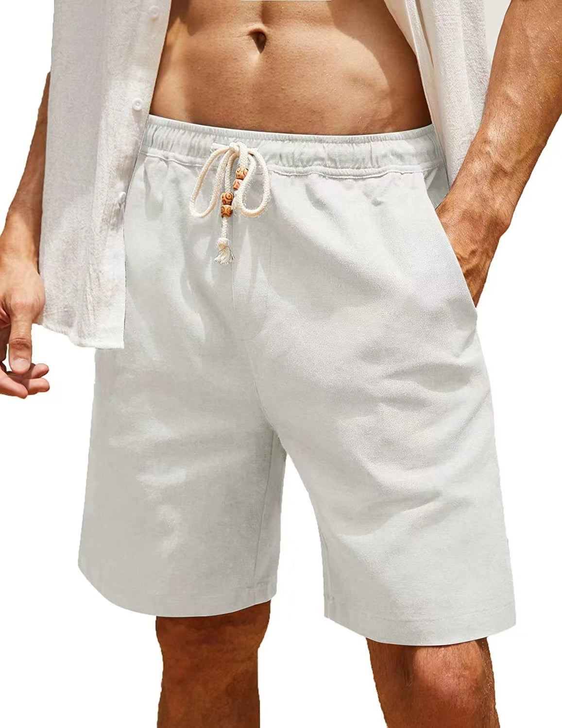 Men's Linen Shorts Casual Elastic Waist Drawstring Summer Beach Shorts