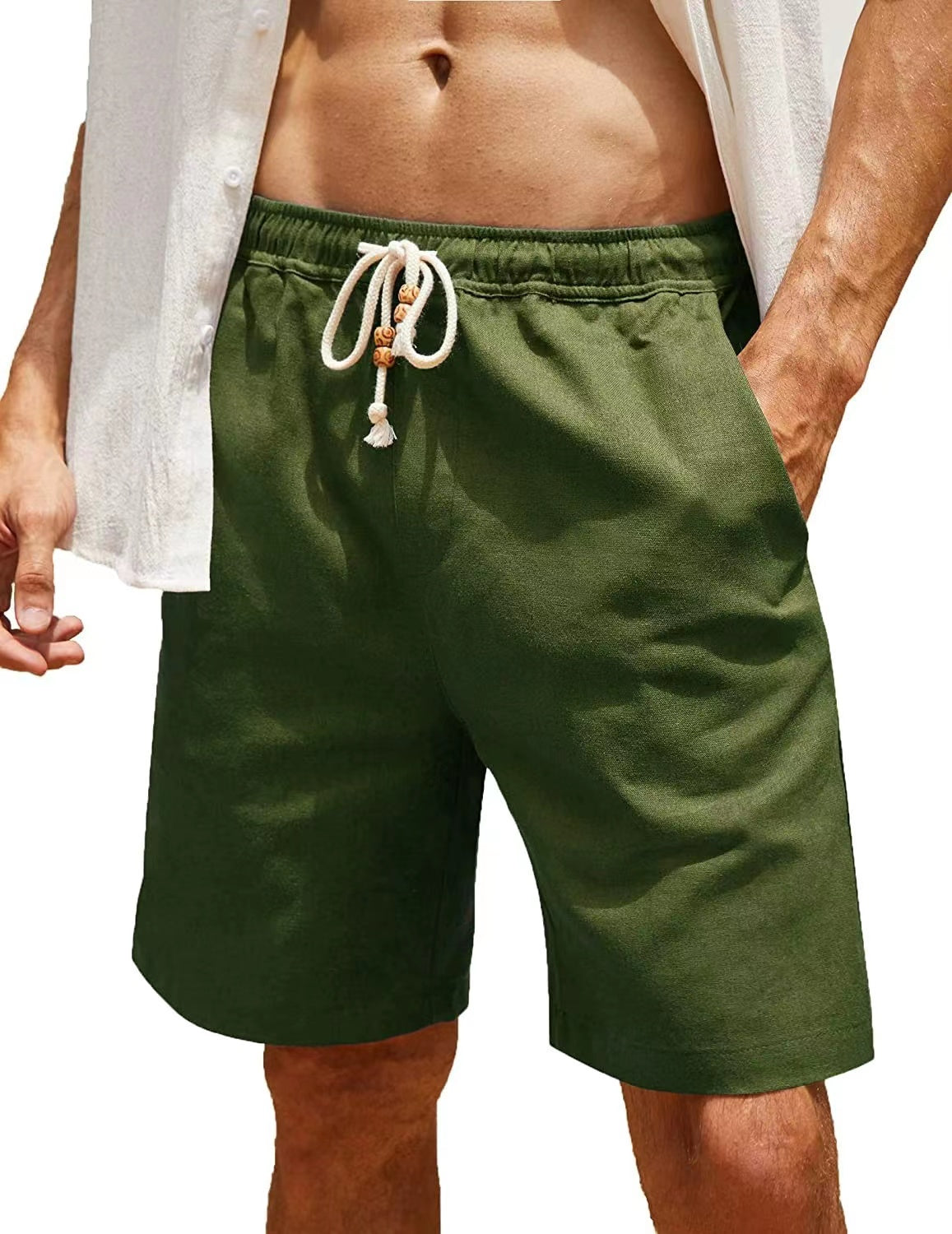 Men's Linen Shorts Casual Elastic Waist Drawstring Summer Beach Shorts