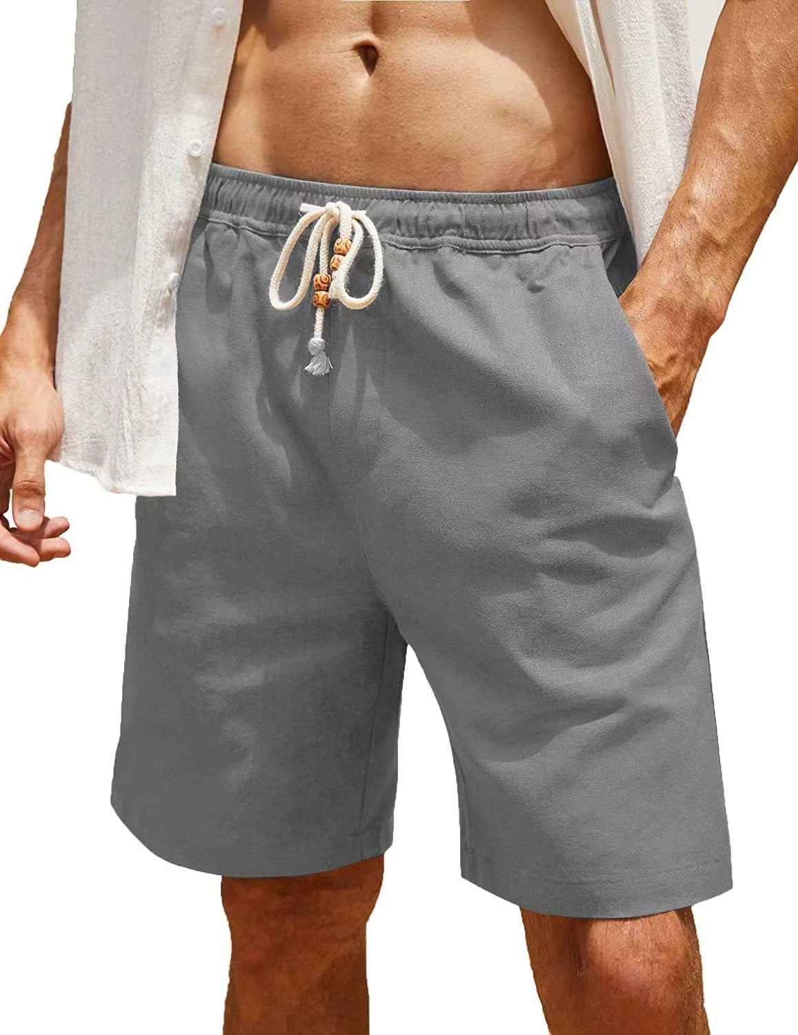 Men's Linen Shorts Casual Elastic Waist Drawstring Summer Beach Shorts