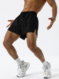 Men Drawstring Waist Split Hem Sports Shorts