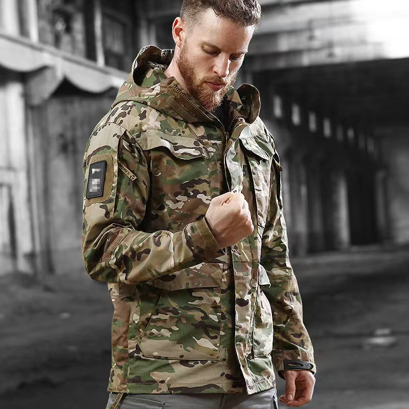 Men's Mid-Length Tactical Waterproof And Oil-proof Outdoor Hooded Jacket