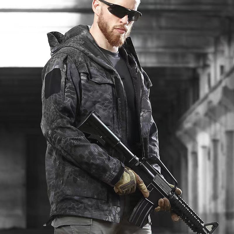 Men's Mid-Length Tactical Waterproof And Oil-proof Outdoor Hooded Jacket