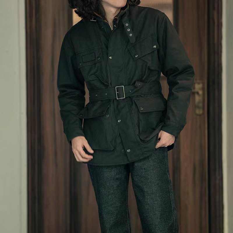 Men's Vintage Oil-Waxed Jacket Outdoor Mutil-Pocket Windproof Waterproof Coat