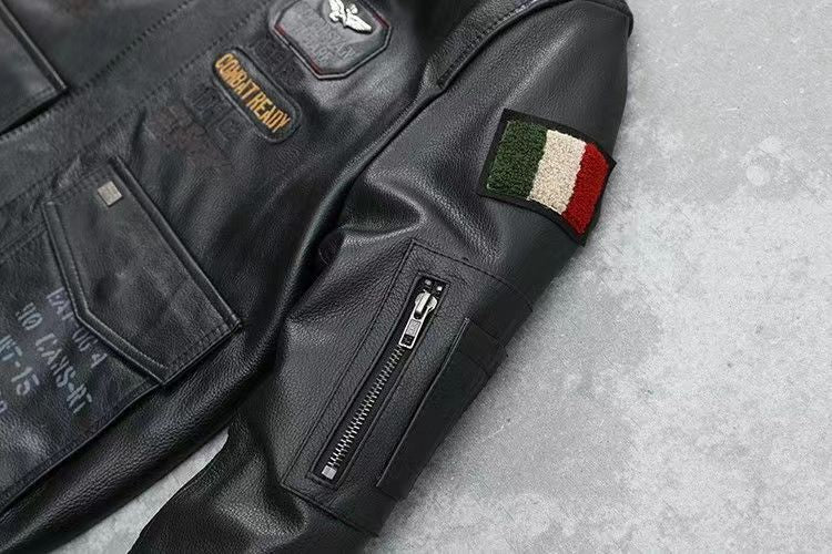 Men's Embroidered Bomber Flight Leather Jacket