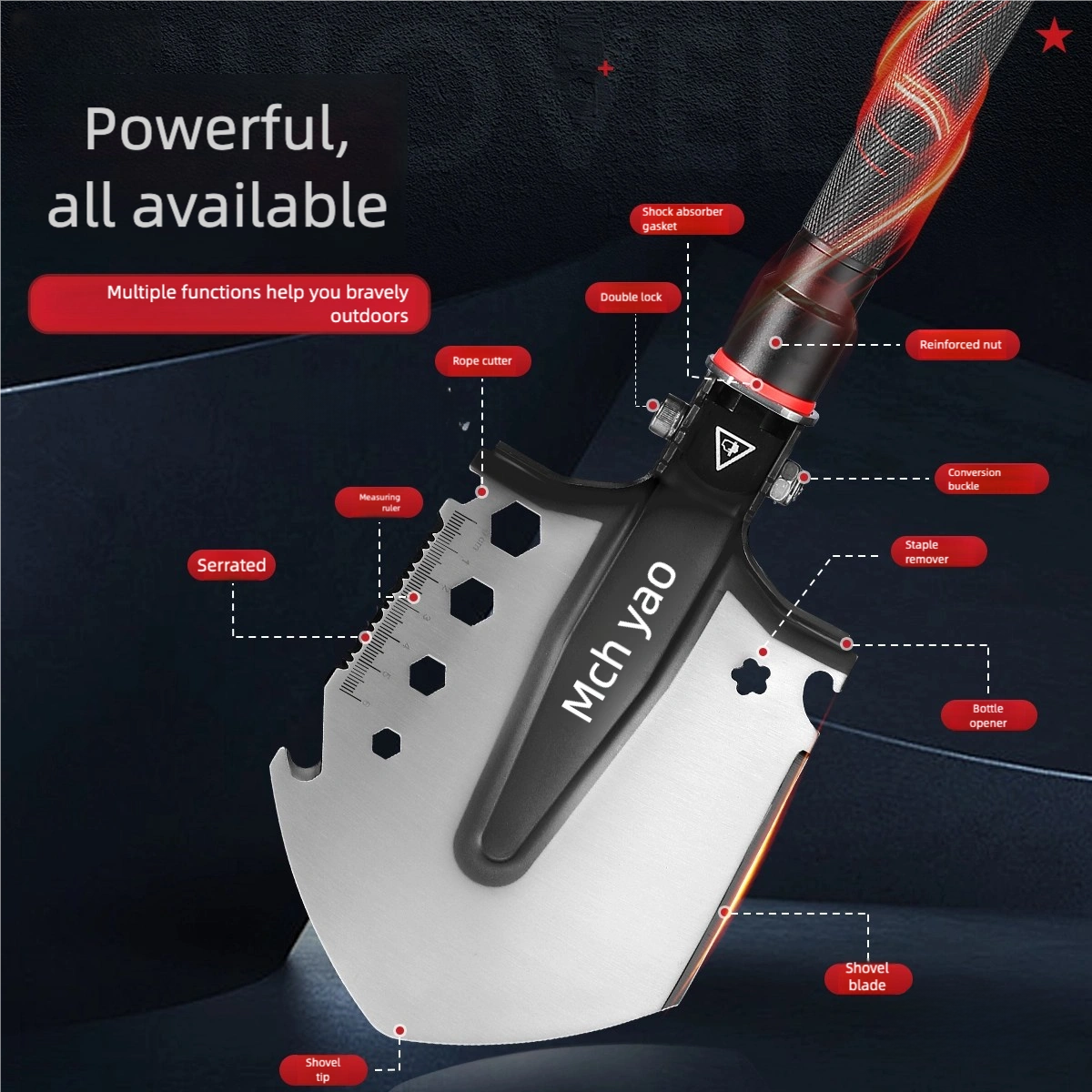 7-in-1 Mcho Wings Folding Shovel Tool: Knife, Screwdriver, Magnesium Rod & More