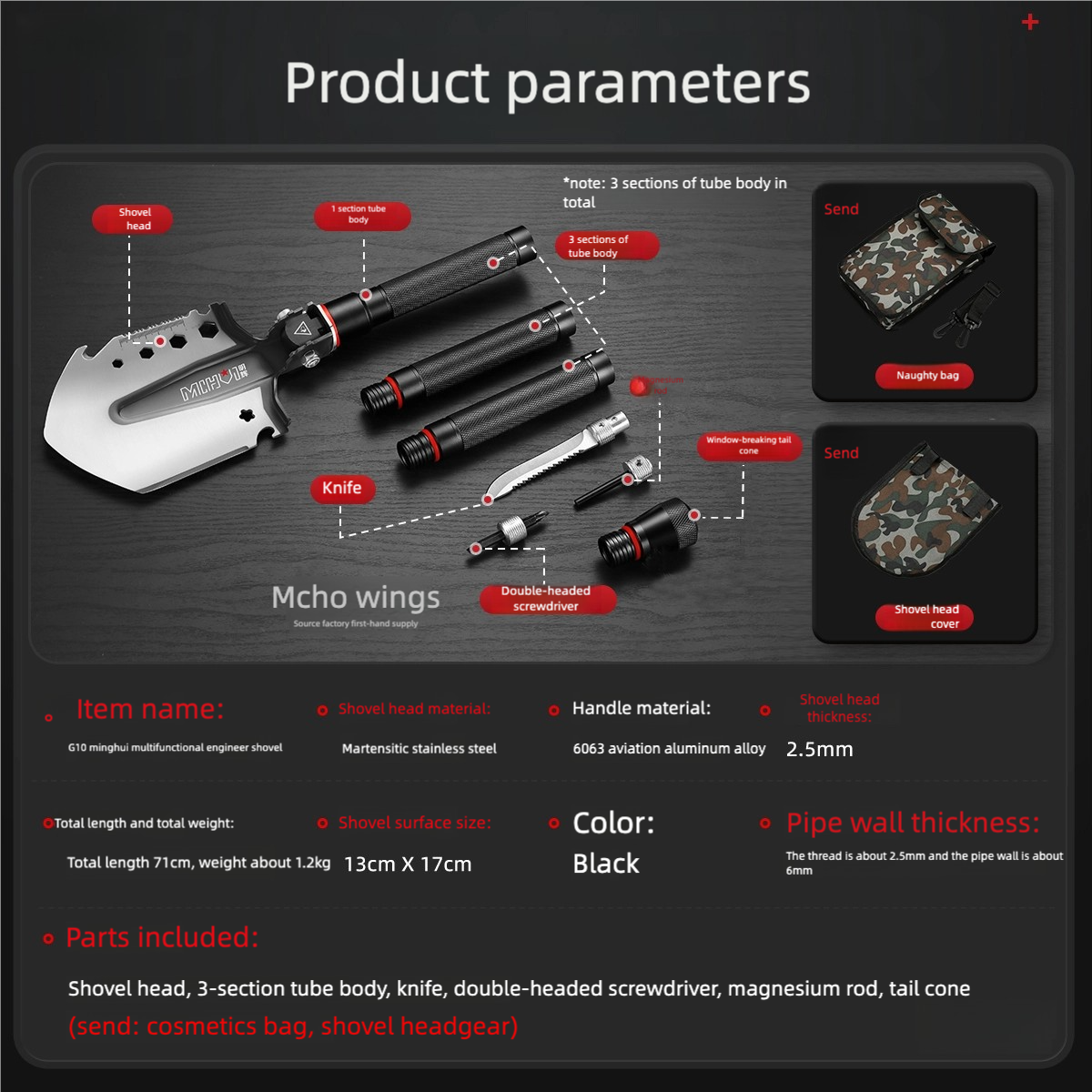7-in-1 Mcho Wings Folding Shovel Tool: Knife, Screwdriver, Magnesium Rod & More