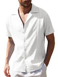 Men's Casual Cotton Solid Color Camp Collar Plain Short Sleeve Shirt