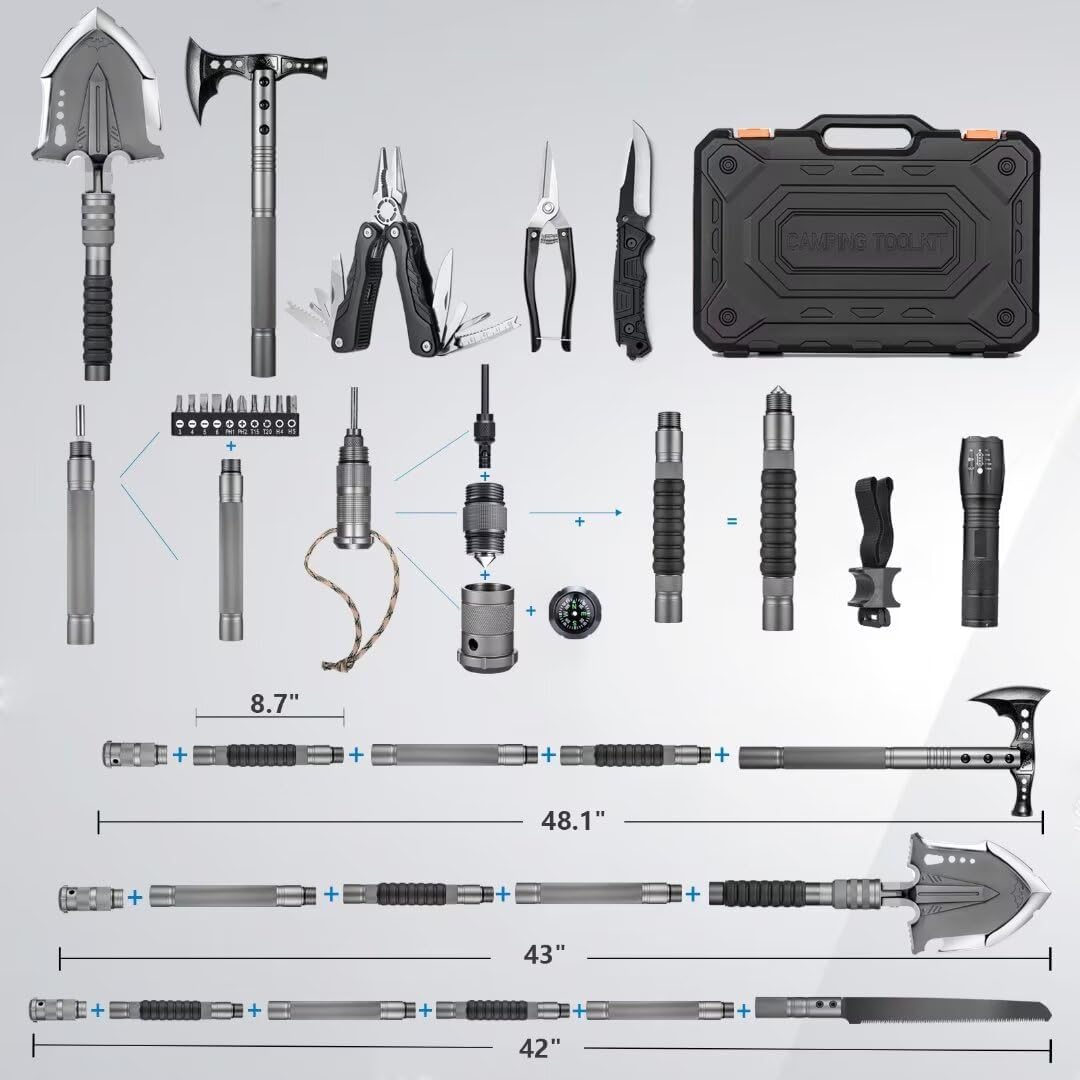 28-in-1 Survival Shovel Multitool with Axe, Saw, Knife & Camping Gear