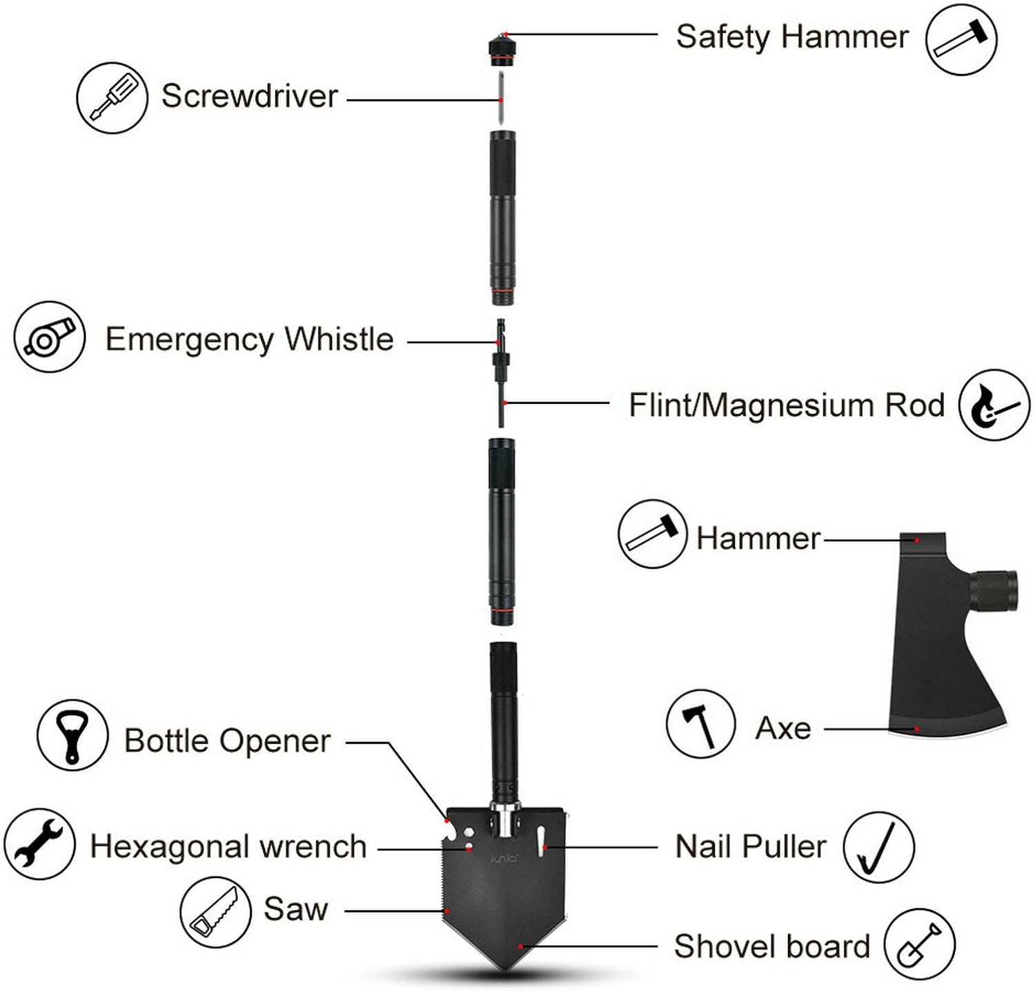 Survival Shovel Multitool with Axe