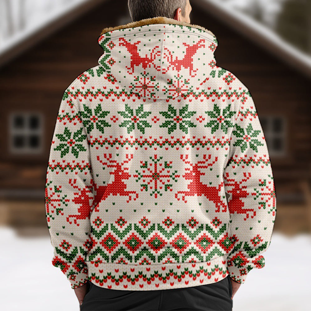 Men's Christmas Print Thickened Fleece Hooded Sweatshirt Jacket