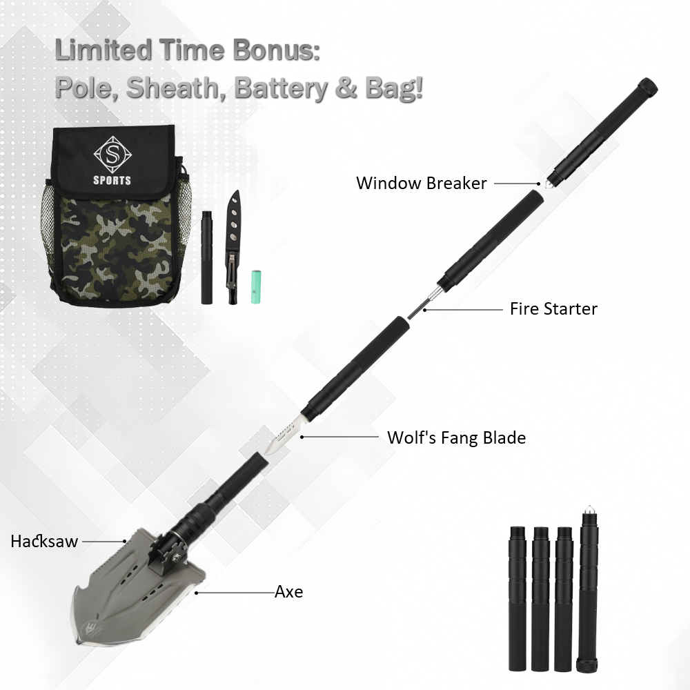 Folding Tactical Shovel – Military Survival Tool for Camping & Car Emergency