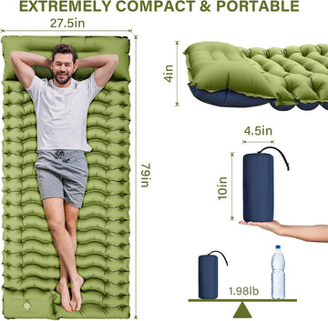 Ultralight Camping Sleeping Pad – Inflatable Mat with Pillow & Built-in Foot Pump, Compact for Backpacking, Hiking, Travel, Tent