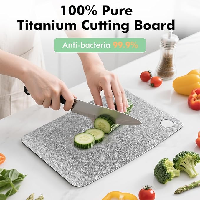 100% Pure Titanium Cutting Board – Antibacterial, Double-Sided, Dishwasher Safe, 12"x8" Lightweight Chopping Board for Kitchen & Outdoor