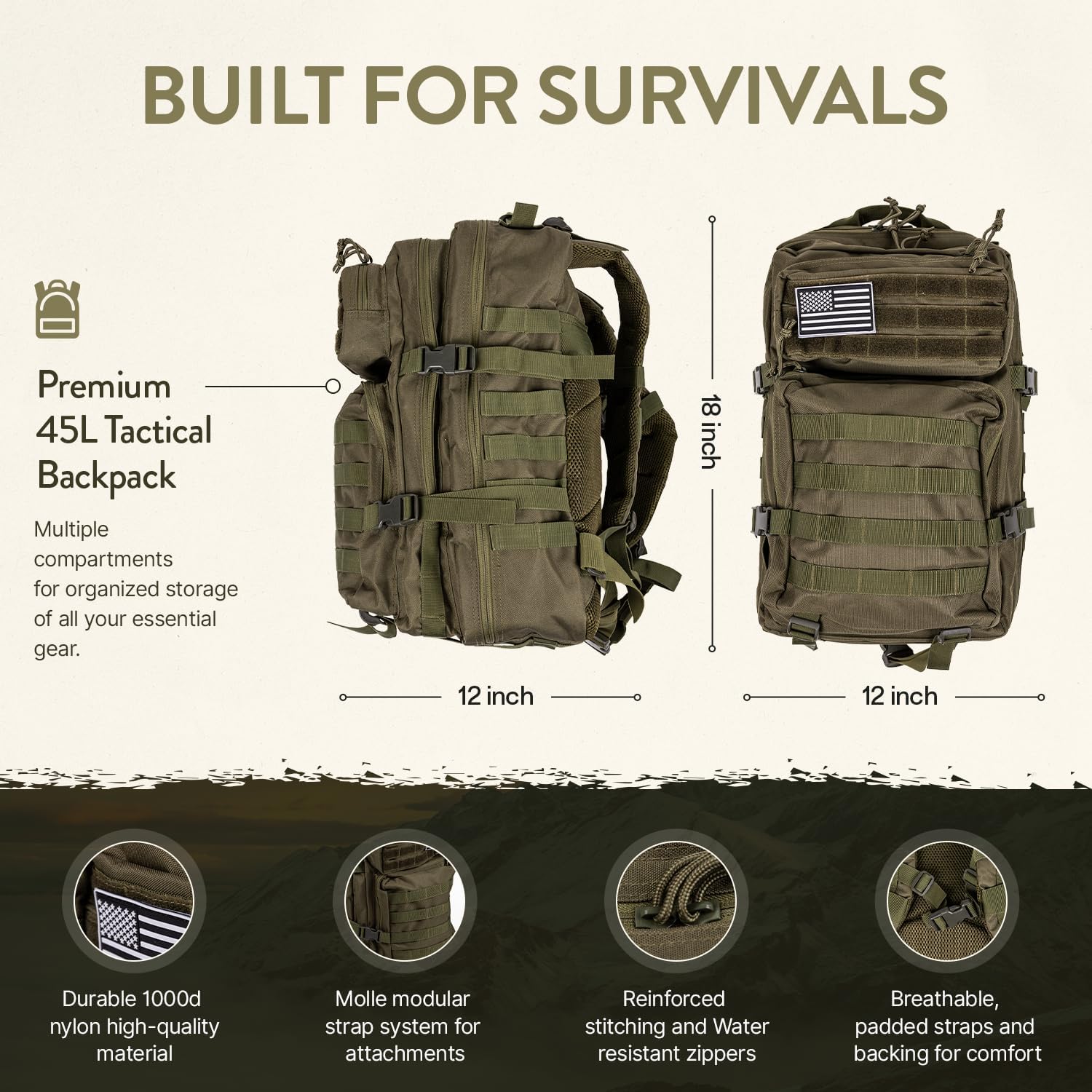 72-Hour Survival Kit | 45L Tactical Bug Out Bag with First Aid, Water Filter & Emergency Food