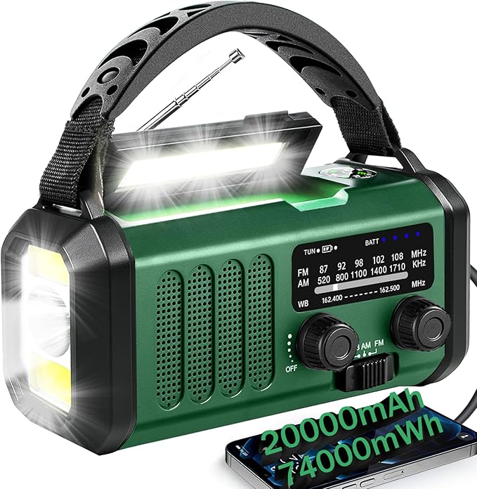 Hand Crank Emergency Radio, Solar Powered NOAA Weather Radio with Flashlight, Phone Charger & SOS Alarm