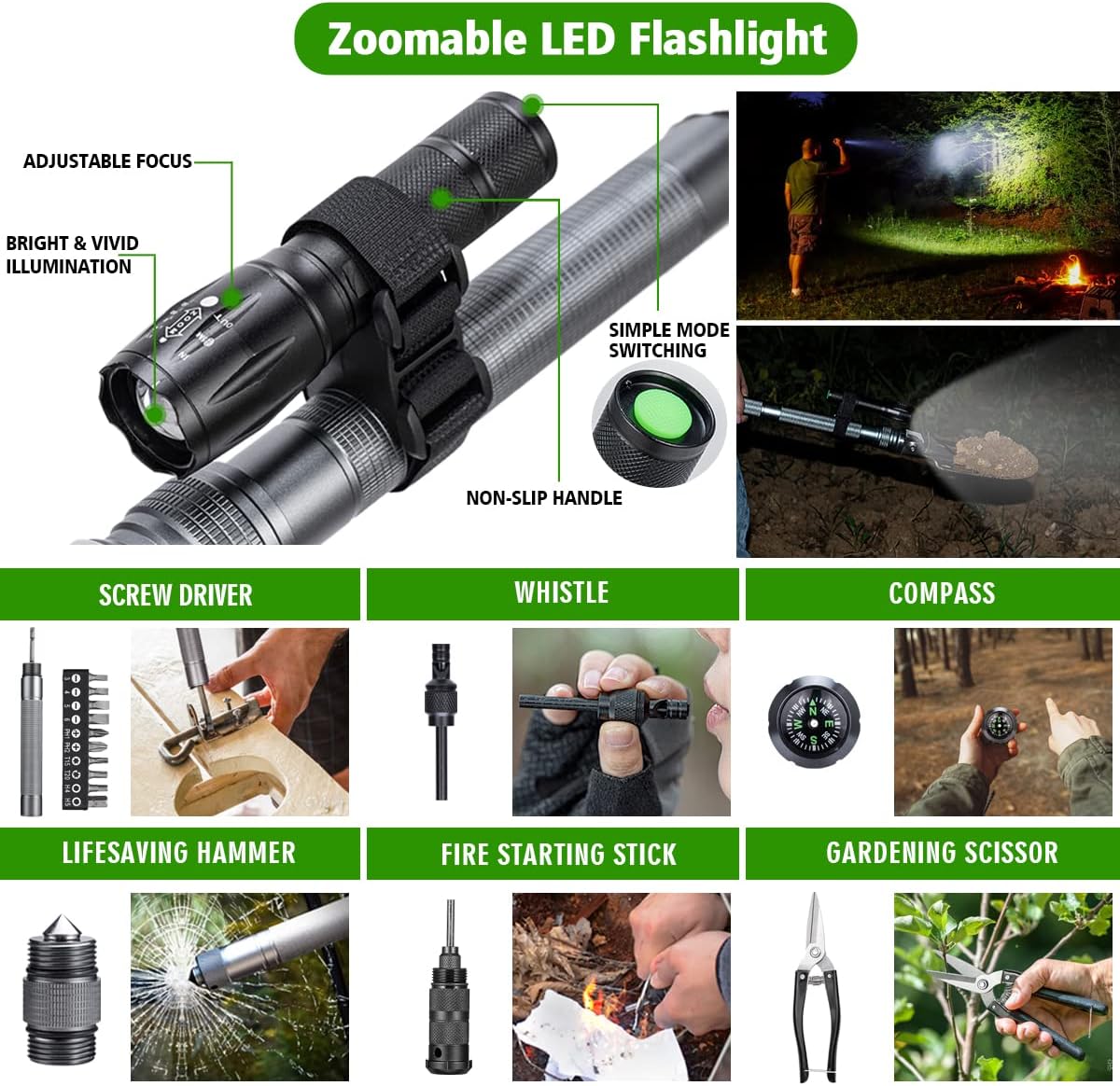 Multifunctional Folding Tactical Shovel Set With Flashlight