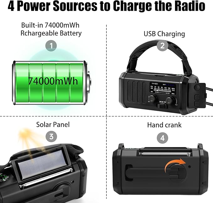 Hand Crank Emergency Radio, Solar Powered NOAA Weather Radio with Flashlight, Phone Charger & SOS Alarm