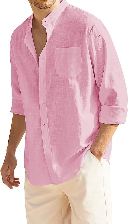 Men's Long Sleeve Cotton Linen Shirt Beach Button Down Shirts Casual Button Up Shirt Summer Yoga Tops with Pocket
