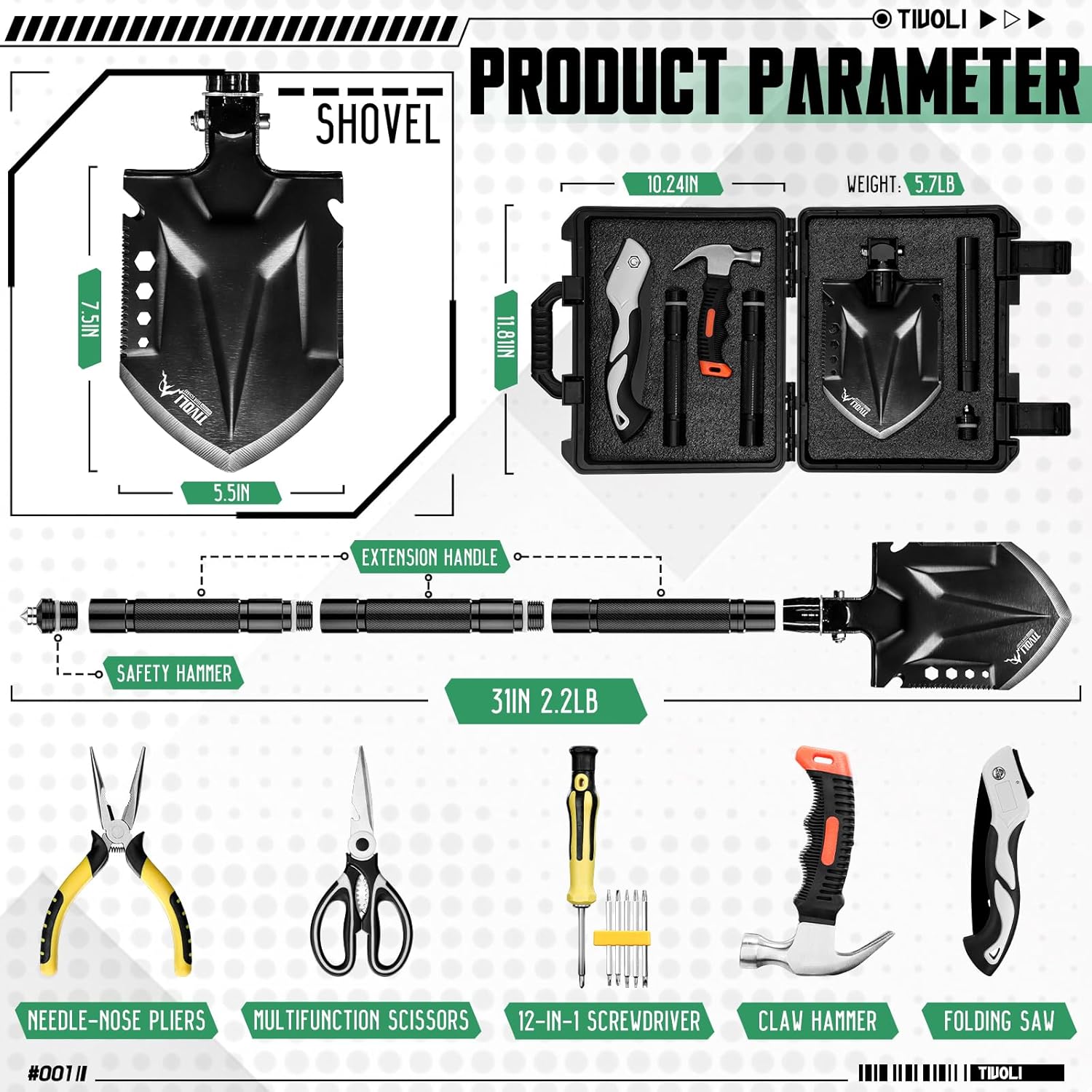 Folding Camping Shovel Kit – Multifunctional Tactical Survival Shovel with Manganese Steel & Storage Case