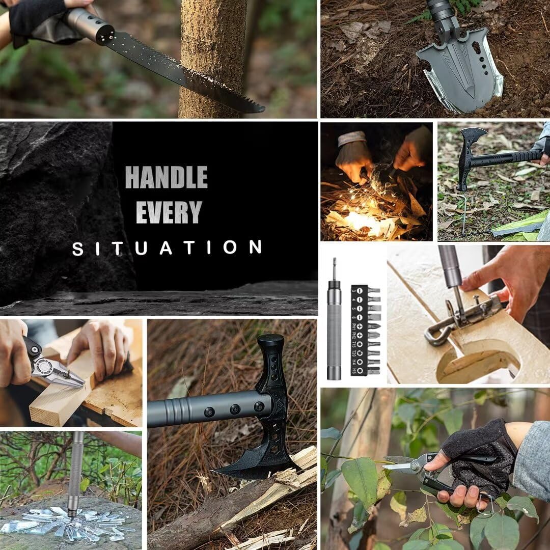 28-in-1 Survival Shovel Multitool with Axe, Saw, Knife & Camping Gear