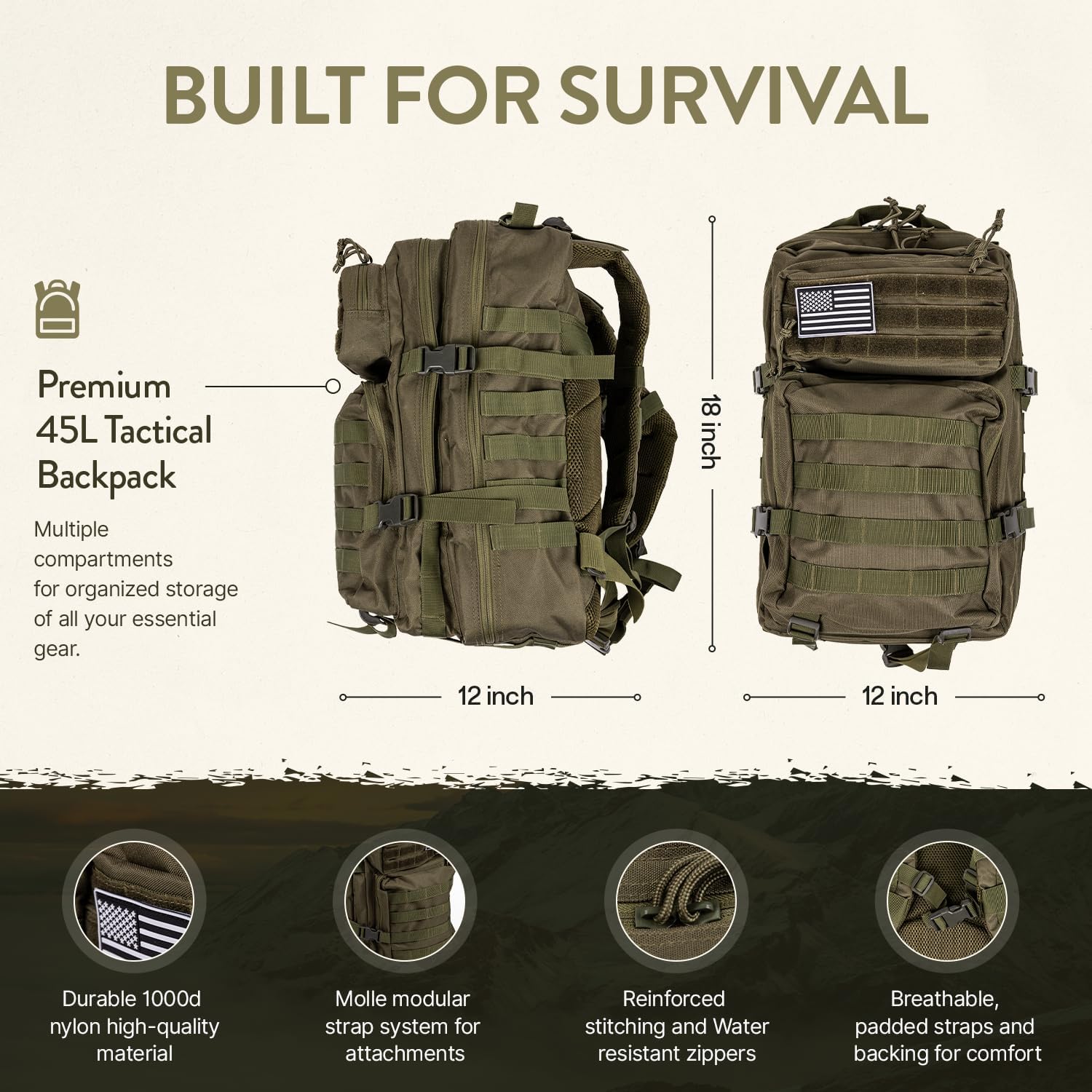 72-Hour Survival Kit | 45L Tactical Bug Out Bag with First Aid, Water Filter & Emergency Food