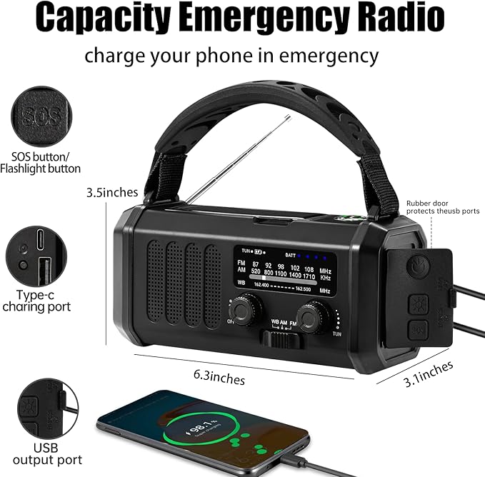 Hand Crank Emergency Radio, Solar Powered NOAA Weather Radio with Flashlight, Phone Charger & SOS Alarm