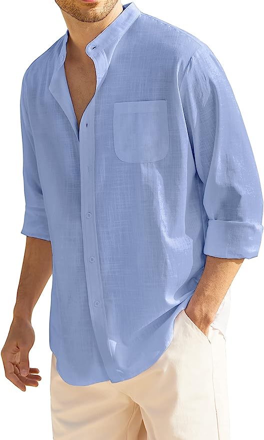 Men's Long Sleeve Cotton Linen Shirt Beach Button Down Shirts Casual Button Up Shirt Summer Yoga Tops with Pocket