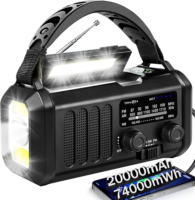 Hand Crank Emergency Radio, Solar Powered NOAA Weather Radio with Flashlight, Phone Charger & SOS Alarm